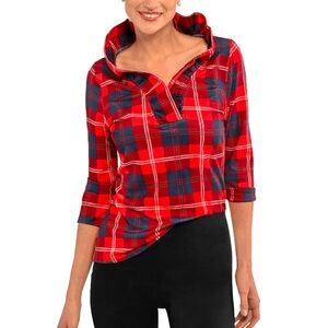 NWT Gretchen Scott Middleton Ruffle Neck Plaid Red and Blue Women's Top XL